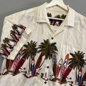 Favant Hawaiian Camp Shirt XL Jacquard Surfboards Palm Trees 100% Cotton Aloha